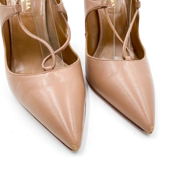 Aquazzura Christy Pumps Tan Leather Heels Curvy Lace Up Pointed Toe Sz 37 / 7 US - Picture 5 of 11